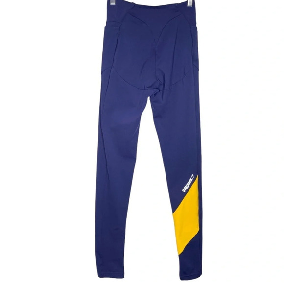 Gymshark Navy Blue Yellow High Rise Asymmetrical Crossover Leggings Size Small - Picture 10 of 12